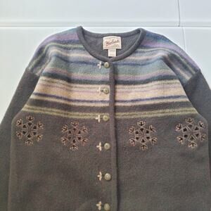 Vintage Woolrich Cardigan Sweater Womens Medium Brown Wool Snowflake Ski Striped